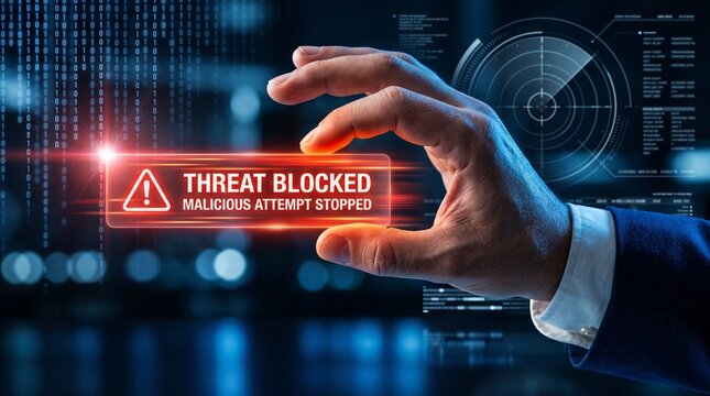 Hand blocking cyber threat on futuristic interface screen
