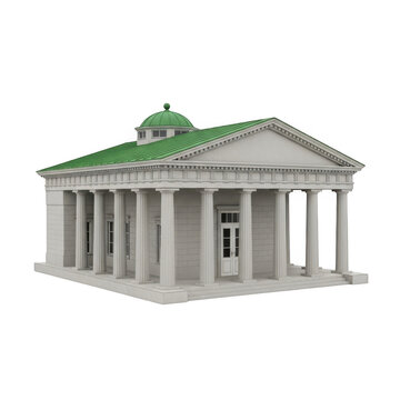Neoclassical building with green copper roof and columns isolated on transparent background