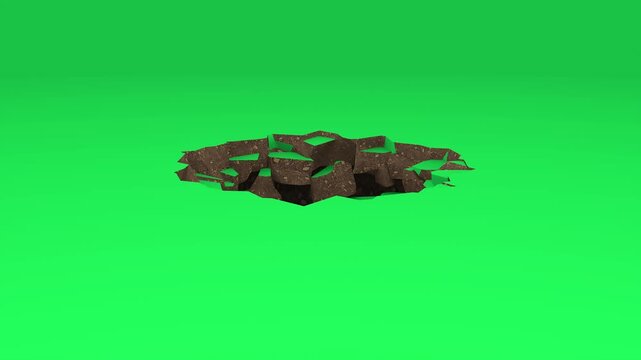3d animation of ground collapsing and opening a hole with soil texture on a green screen