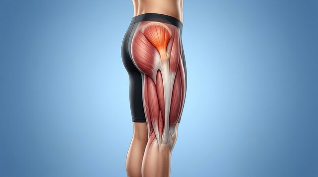 Human hip joint with a highlighted muscle area demonstrates the intricate interplay between bone and tissue structure for an anatomical analysis on a neutral blue backdrop suitable for medical.