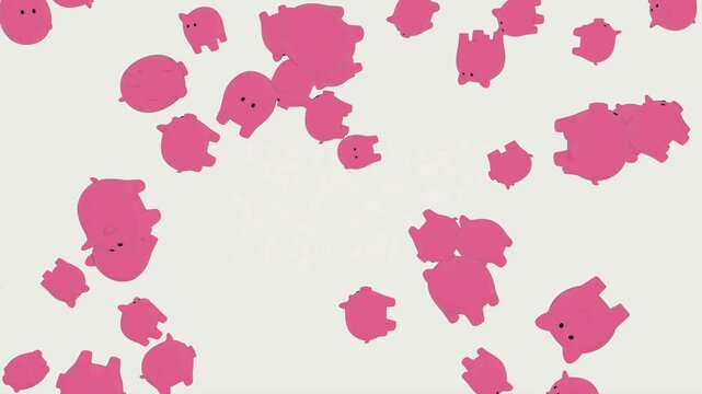 Toon style 3d animation of hot pink piggy banks falling on a white background representing savings and finance
