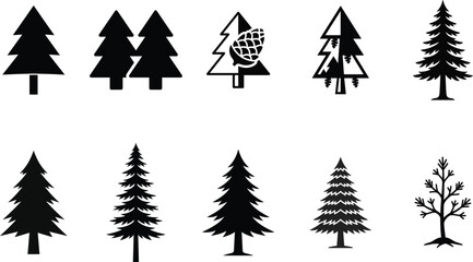 Fototapeta premium Collection of pine tree silhouettes for design and decoration