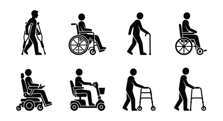 Obraz premium Silhouettes Of People With Mobility Aids Black Vector Illustration