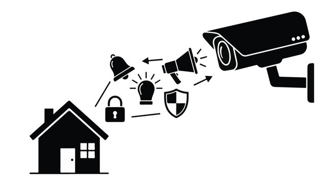 home security system icons with camera and alarm
