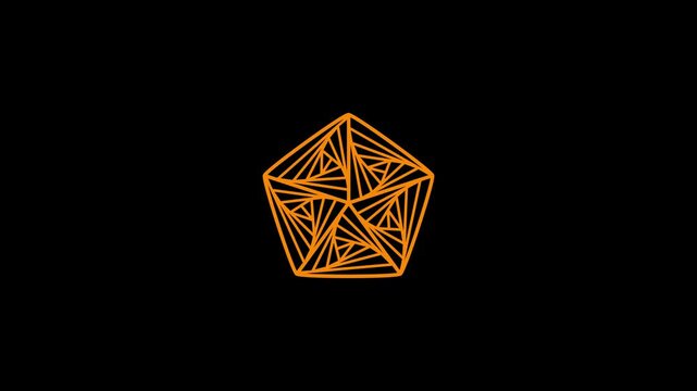 Orange neon glowing pentagon spiral loop on black background. 4k video graphics