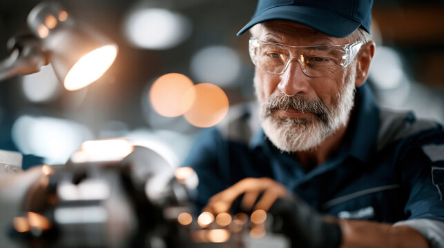 A wide shot of an engineering man wearing softly a calm safety uniform performing bright maintenance on a lathe machine lathe worker open face bright interior soft
