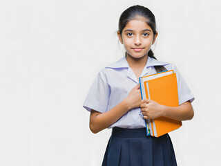 Obraz premium Portrait of a confident elementary school girl with notebooks isolated on a white backdrop