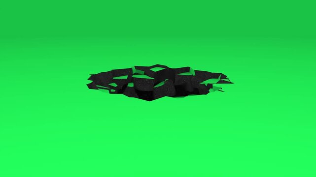 3d animation of ground collapsing and opening a hole with dark asphalt or charcoal texture on a green screen