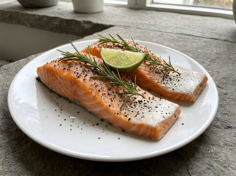 Two salmon fillets with lime and rosemary on a white plate healthy food photography.