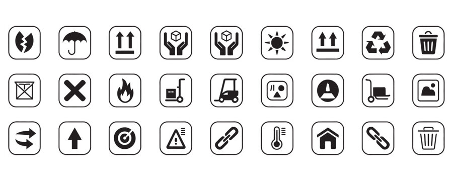 Collection of 25 black and white logistics and shipping icons on white background