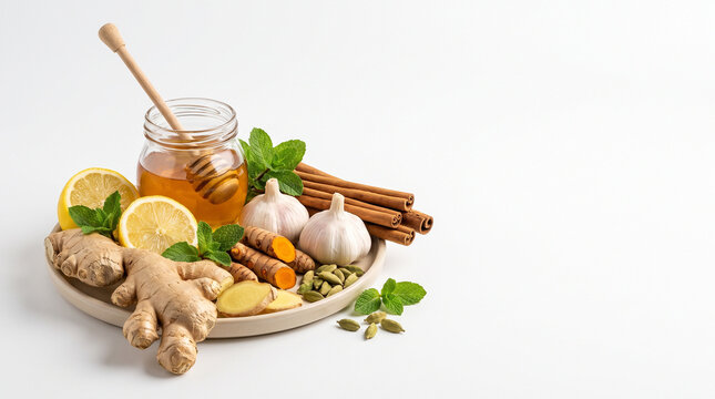 Fresh ginger root organic turmeric sticks garlic cloves honey jar lemon slices cinnamon sticks and green mint leaves displayed on a circular plate on white background