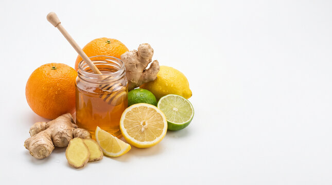 Fresh organic honey in a glass jar surrounded by raw ginger roots juicy oranges sliced lemons and limes arranged neatly in a studio on white background