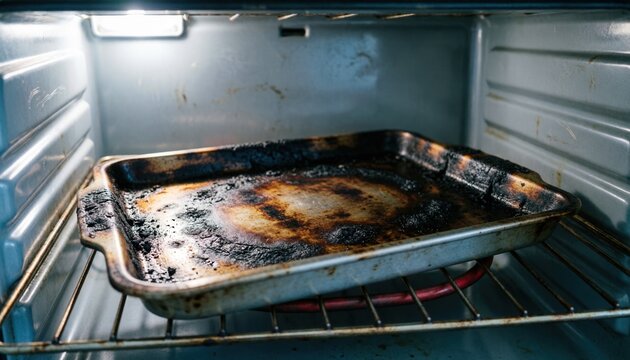 Burned metal cookie tray with black carbon residue and scorch marks resting on oven rack, dirty kitchen interior, failed baking accident, household cooking disaster requiring deep cleaning.