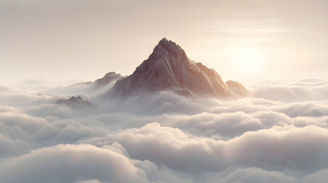 Majestic mountain peak rising above a sea of soft clouds at sunrise, creating a serene and ethereal atmosphere