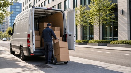 Delivery person unloading boxes from a van on a city street during daytime near modern buildings © Рудой Максим