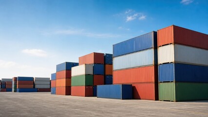 Fototapeta premium Containers are stacked at a shipping yard under clear blue sky during daylight