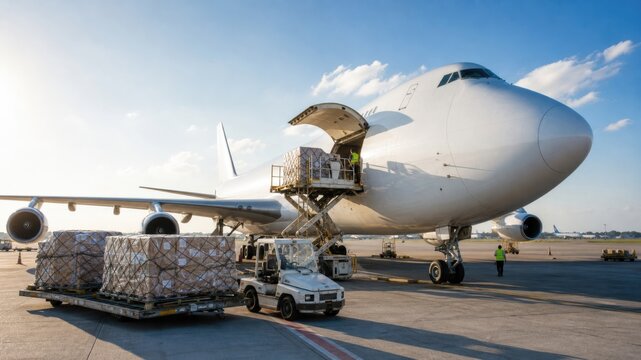 Cargo is being loaded onto a large airplane at the airport during the afternoon hours