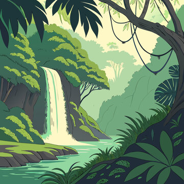 Waterfall in lush green jungle with tropical plants and trees waterfall tropical