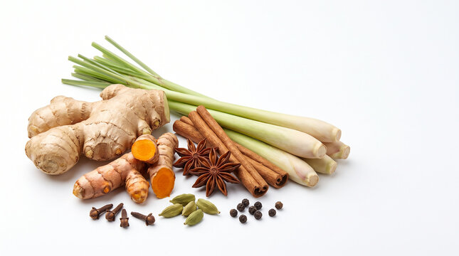 Fresh aromatic ginger root with vibrant turmeric lemongrass stalks cinnamon sticks star anise cloves cardamom pods and black peppercorns arranged in a studio setting on white background