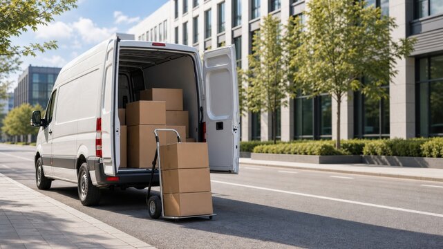 Delivery van parked on the street with boxes loaded and a hand truck ready for unloading packages