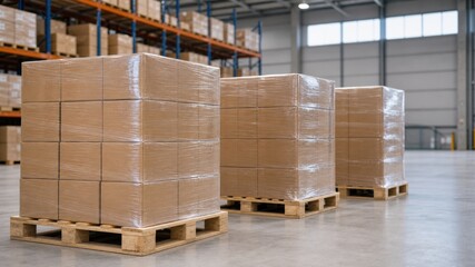 Workers move pallets of boxed items in a large warehouse during the day while preparing for...
