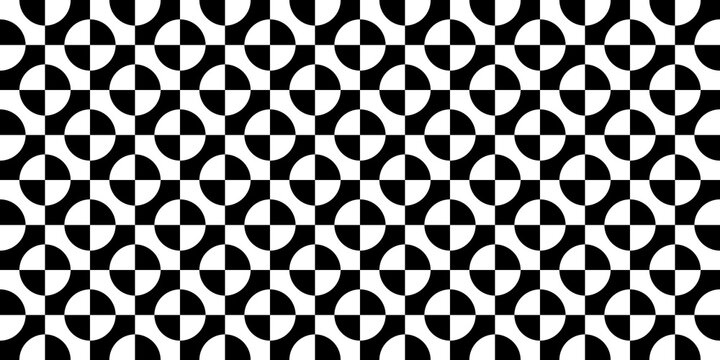 ​Seamless black and white geometric pattern with checkered circles. Op art illusion background.