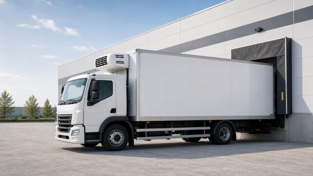 Delivery truck is parked at loading dock for unloading goods during sunny day