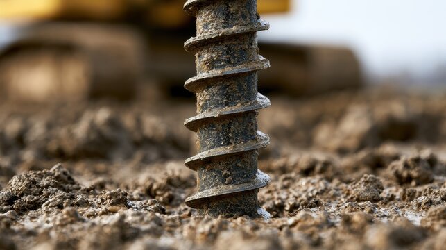 Industrial earth auger drilling into wet soil at construction site
