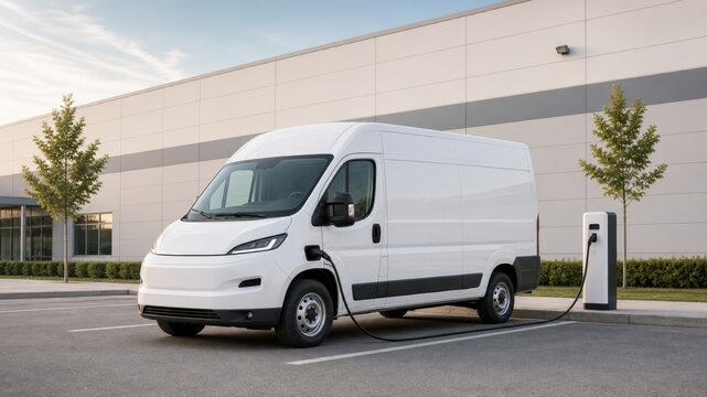 Electric van is charging at a charging station outside a modern building during daytime