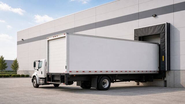 Truck is parked at loading dock of warehouse during day