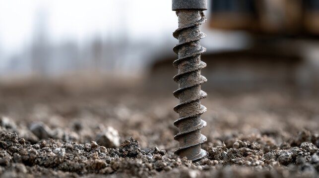 Industrial earth auger drilling into soil for construction foundation