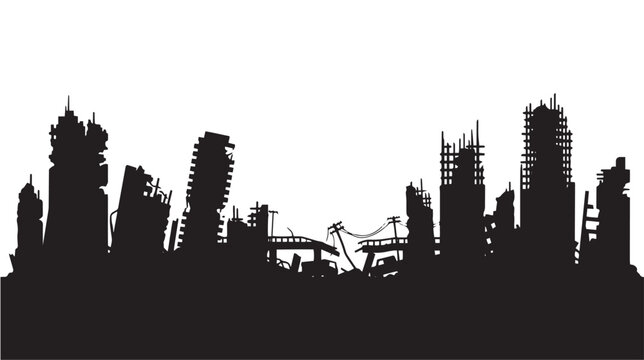 Silhouetted ruins of a city skyline in black and white, symbolizing destruction and urban decay