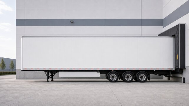 White delivery truck parked at a loading dock with a plain wall in the background during daytime