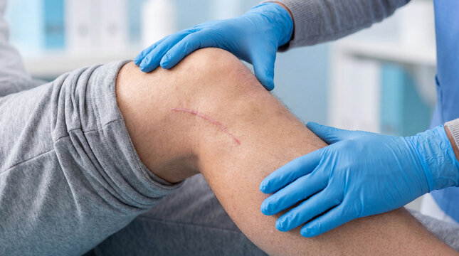 Medical professional in blue gloves examining a patient's knee scar. Focus on post-surgery recovery and rehabilitation