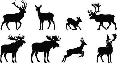 Deer family silhouette vector set featuring stag doe fawn moose and reindeer with majestic antlers © MstAshida
