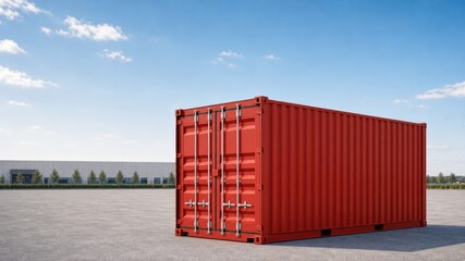 Fototapeta premium Large red shipping container stands alone in an open area under a clear blue sky with distant buildings in view