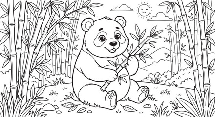 Cute panda bear sitting in a bamboo forest, coloring page for kids © Ajoy