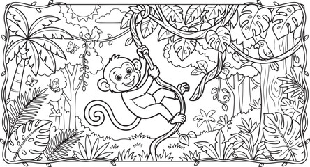 Cute monkey hanging on a vine in the jungle, black and white coloring page for children © Ajoy