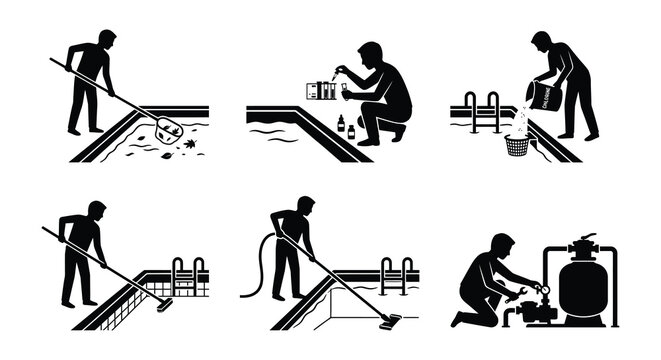 Swimming Pool Maintenance Pictograms Black Silhouette Vector Illustrations