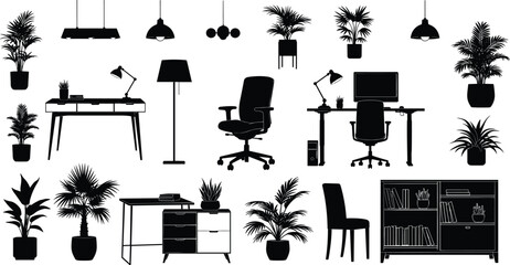 Modern Home Office Furniture and Indoor Plant Silhouette Vector Collection © MstAshida