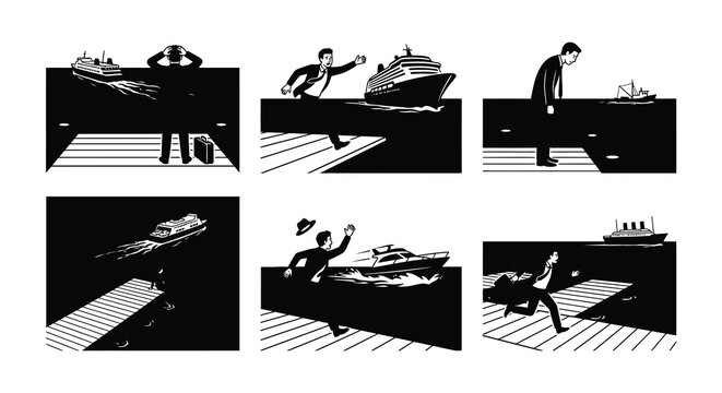 Silhouette series depicting people and ocean liners vector illustration