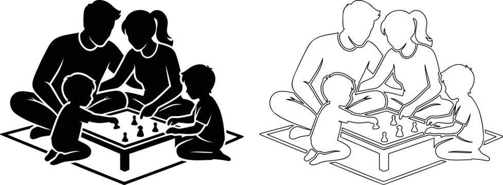 Family playing board game on floor silhouette, parents and children tabletop game line art vector