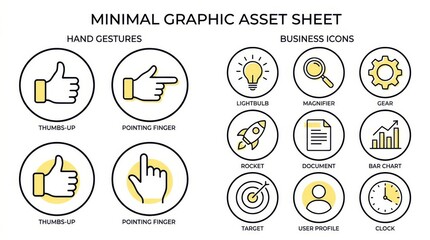 Fototapeta premium Minimal graphic asset sheet featuring hand gestures and business icons with yellow highlights