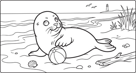 Cute cartoon seal playing with a beach ball on the sandy shore near the ocean with a lighthouse in the background © Ajoy