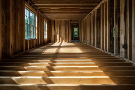 Inside a house under construction, wooden floor joists casting rhythmic shadows.