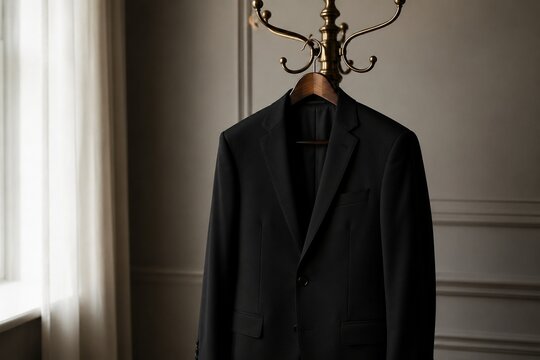 Black suit jacket on a brass coat rack with soft window lighting.