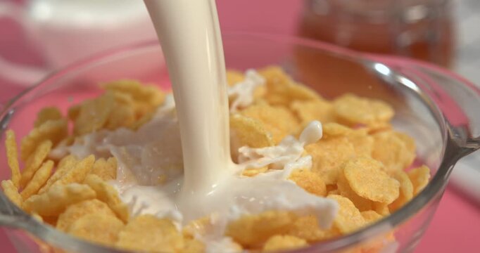 Fresh milk pouring into crispy corn flakes in white bowl in ultra slow motion