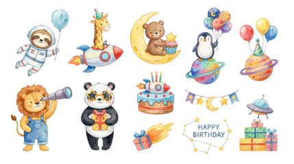 Cute watercolor birthday space animal clipart sets. Collection of Vector illustrations for invitation, card, poster, banner, decoration © maria