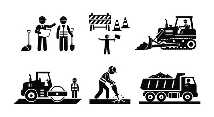 Construction Workers And Machinery Vector Illustration Set Black And White © MdNirob