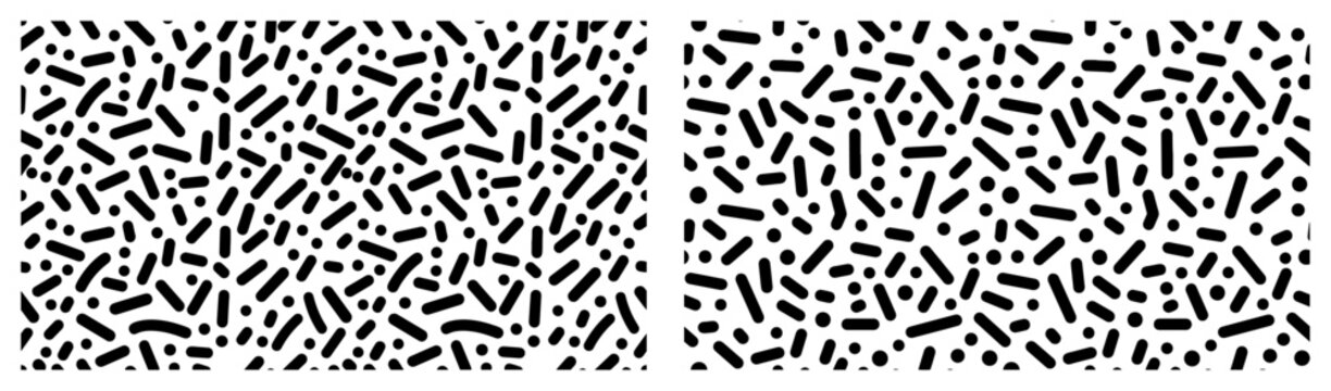 Memphis style dash and dot pattern with scattered geometric shapes in seamless monochrome vector style